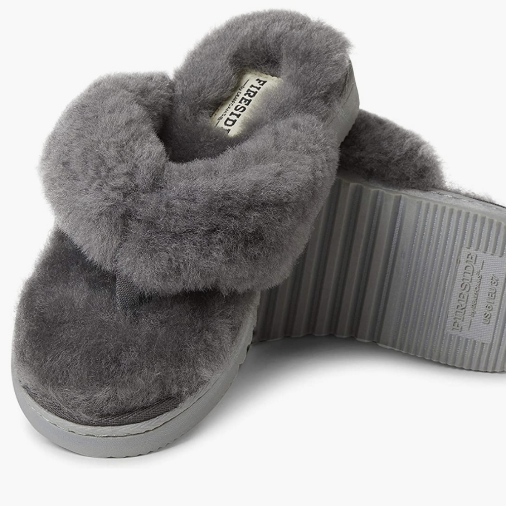 NEW Fireside by Dearfoams Women's Auburn Shearling Thong Grey Slippers SZ 9